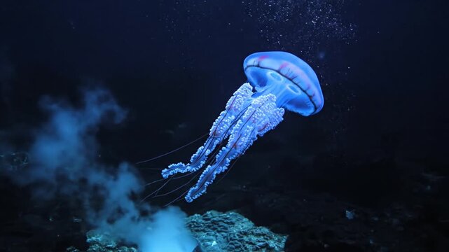 Bioluminescent jellyfish with translucent blue bell and textured pinkish oral arms swimming through dark deep sea water with rising bubbles and coral reef silhouettes in background.