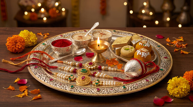Raksha Bandhan Puja Thali with Decorative Rakhis Sweets and Diya for Traditional Festival Celebration