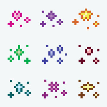 Pixel Art Sparkle Icons Set Colorful Retro 8 Bit Star Effects Collection