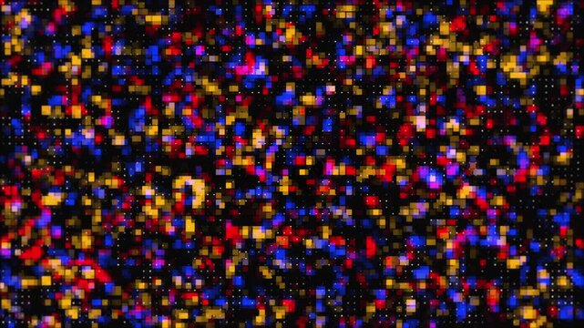 Abstract digital background featuring colorful flickering square pixels and glowing dots with vibrant red blue yellow and purple geometric patterns for technology and data