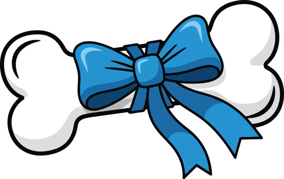 White dog bone with a blue ribbon bow a cute cartoon illustration for pet care gifts and animal themes isolated on white