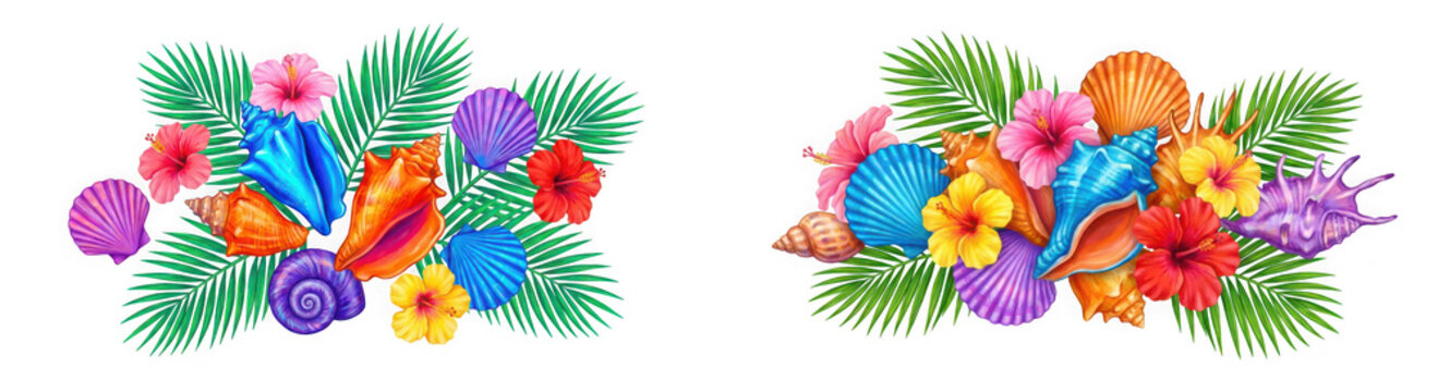 Composition of exotic tropical sea shells and bright colorful flowers isolated on transparent background