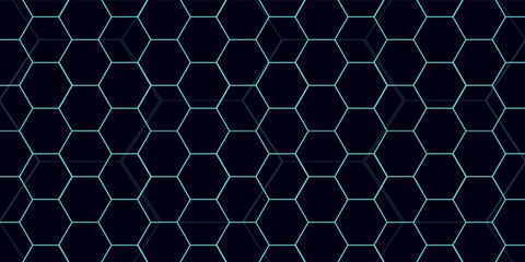 Fototapeta premium Hexagonal patterns in blue and black background dominating. Each hexagon connecting seamlessly, forming futuristic mesh