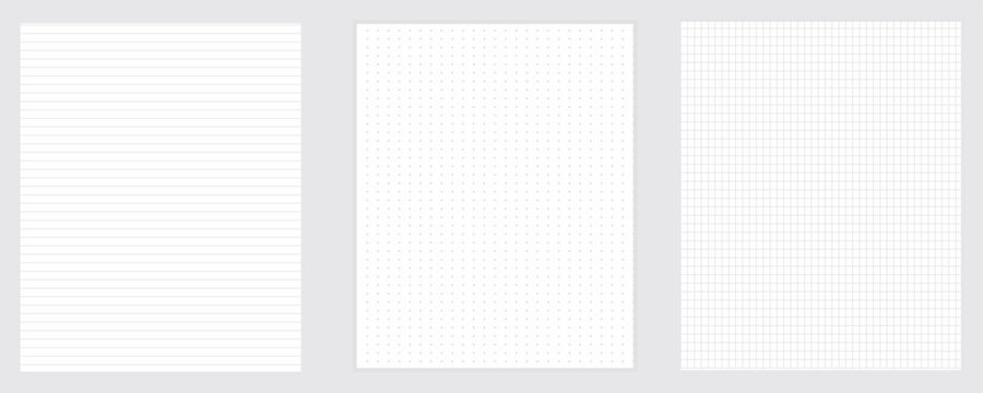 Set of blank sheets of lined, square grid and dotted paper in a5 format. Paper templates for notes, writing, sketching, and journaling. Ideal for school, office and work. Vector illustration