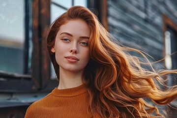 Obraz premium Portrait of beautiful young redhead woman with long, healthy, flowing hair blowing in the wind