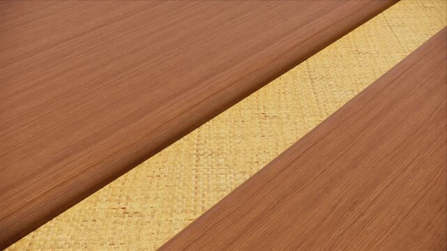 Modern interior material sample combining natural teak wood and bamboo wicker texture