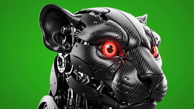 Futuristic robotic panther head with glowing red eyes and carbon fiber texture mechanical