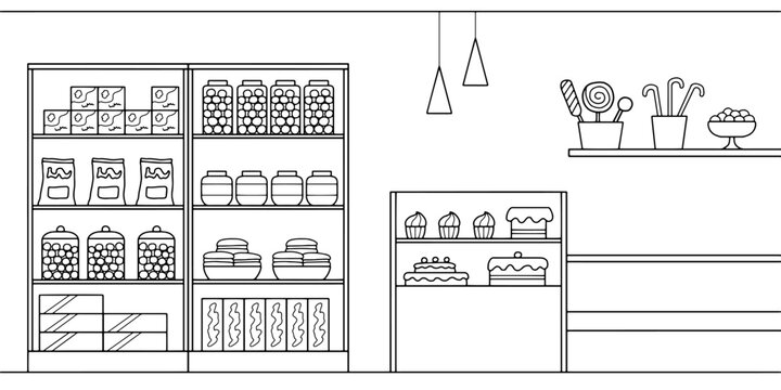 Candy shop interior graphic black white interior sketch illustration vector