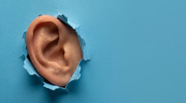 Human ear emerges from torn blue paper. Concept for eavesdropping spying or communication barriers. Focus on hearing and awareness. Curiosity and secrets are revealed.