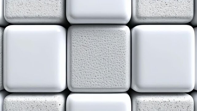 Abstract 3D animation of a textured stone cube fitting smoothly into a white glossy tile grid. Quiet Luxury and minimalist engineering concept, perfect for tech architecture or sorting data intros.