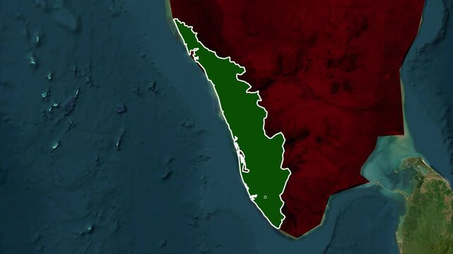 Kerala State Highlighted on India Map with Geographic Location Animation.
