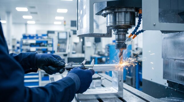CNC milling machine carving precise titanium aerospace brackets, blue coolant spraying in arcs across spinning aluminum stock, sparks skimmi 3 
