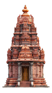 Grand ornate brick Hindu temple isolated on black background