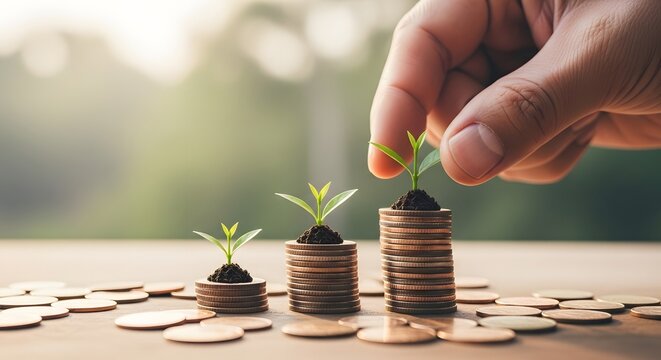 Financial growth concept hand nurturing seedlings sprouting from stacks of coins investment and savings