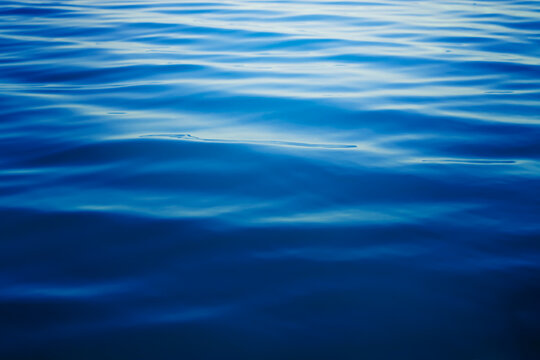 Dark blue ocean water close up with soft ripples and flowing surface texture. Abstract marine background with deep calming tones and natural wave pattern.