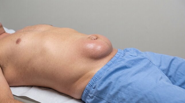 Close-up of a mans abdomen showing a large umbilical hernia protruding outward, lying on a medical examination table.
