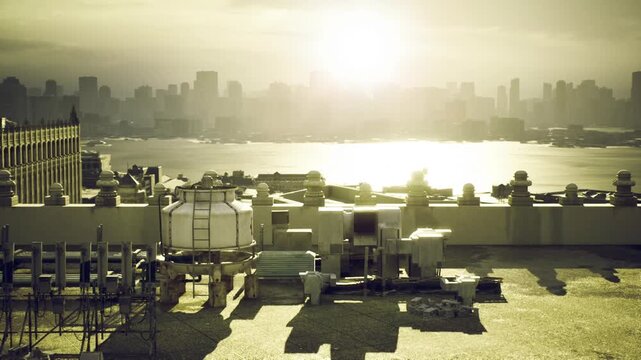 Sunlit rooftop HVAC units skyline over river with golden sun, warm haze, reflective water, long shadows, industrial piping, textured gravel, distant highrise