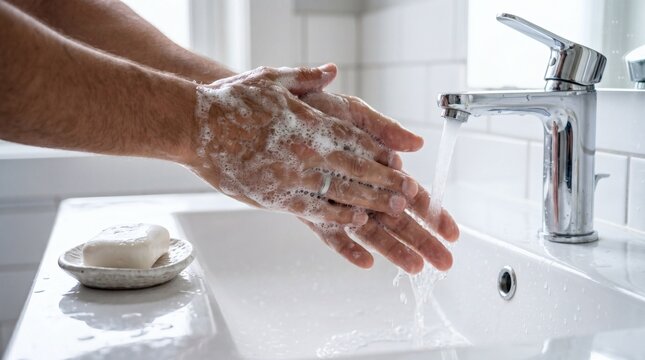 Close-up of hands being washed with soap and water in a modern bathroom sink.