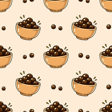 Cute Tapioca Pearl Bowl Seamless Pattern