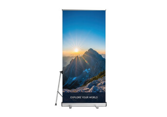 Fototapeta premium Vertical roll up banner stand featuring a mountain landscape at sunrise with the text explore your isolated on a black background