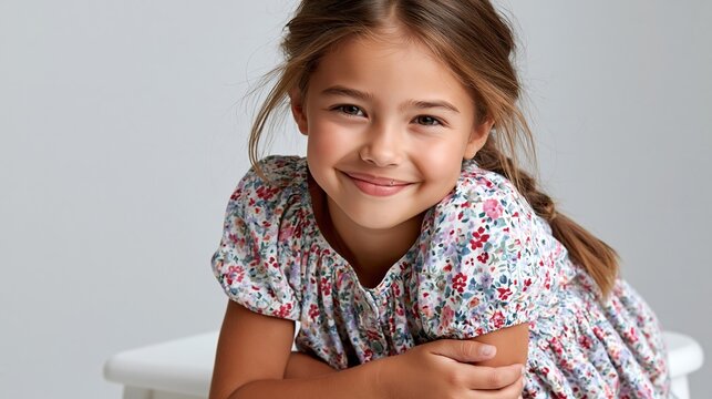 National Cleft & Craniofacial Awareness & Prevention Month: a confident smiling girl aged 7-8 with a repaired cleft lip, sitting on a simple white stool against a seamless light gray backdrop