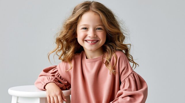 National Cleft & Craniofacial Awareness & Prevention Month: a confident smiling girl aged 7-8 with a repaired cleft lip, sitting on a simple white stool against a seamless light gray backdrop