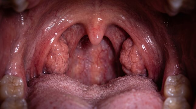 Close-up view of inflamed tonsils and uvula inside a human mouth, indicating a sore throat or infection.