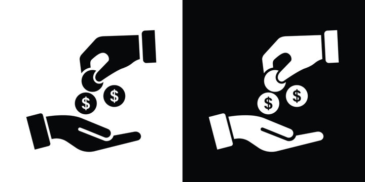 Hand giving money coins to another hand vector icon. Black and white minimalist concept for donation, payment, salary, and financial transaction.