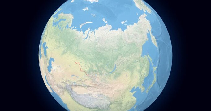 Russia on Globe. Zoom into the country with Earth spinning on dark background. Physical world map with Russia and label on it. Country view animation.