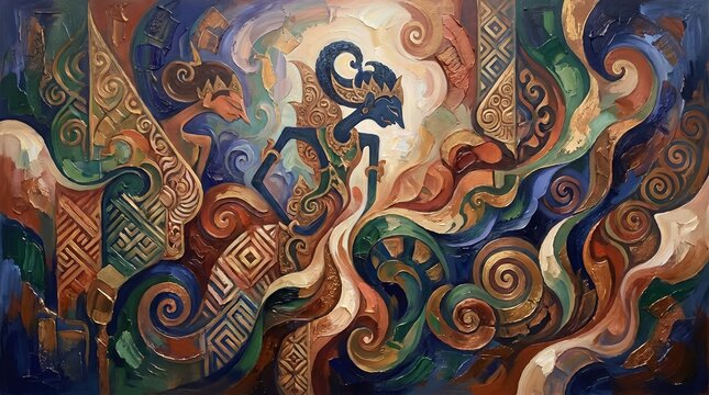 Javanese wayang kulit shadow puppet oil painting with golden ornaments