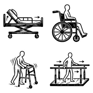 Medical Aids Icons: A collection of four hand-drawn icons depicting essential medical aids for mobility and rehabilitation, including an adjustable hospital bed, a person in a wheelchair, a walker.