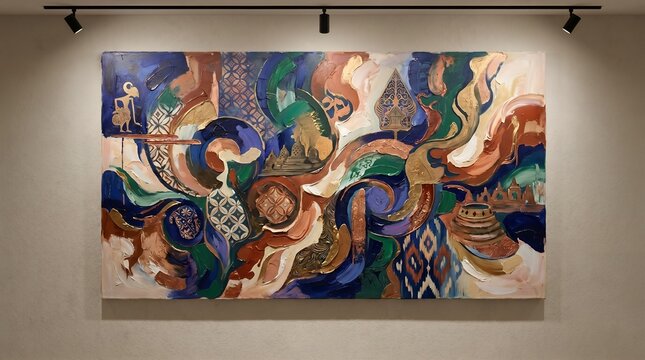 Large contemporary wall art painting with Indonesian cultural motifs