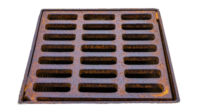 Rusty metal sewer grate with rectangular openings