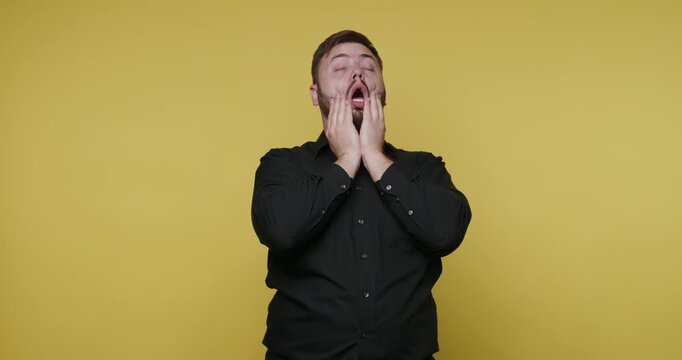 Person shows different expressions of surprise and emotion against a yellow background in a lighthearted presentation