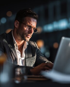 Focused businessman wearing tortoiseshell glasses working on a laptop in a dimly lit space with blurred bokeh lights