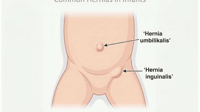 Illustration of common infant hernias umbilicalis and inguinalis.