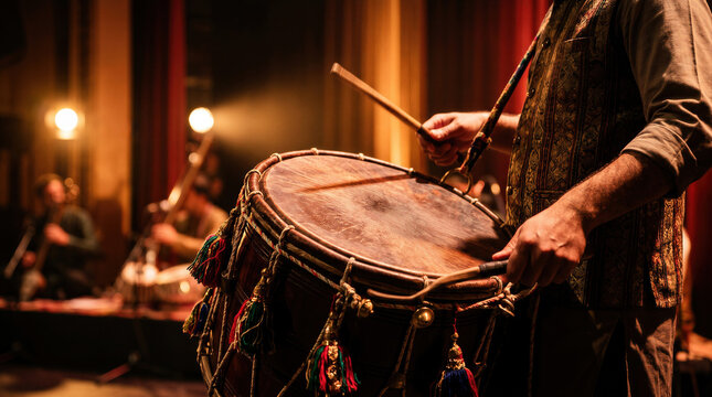 Musician playing traditional ethnic drum with sticks on stage at concert, cultural folk percussion performance with blurred band background.