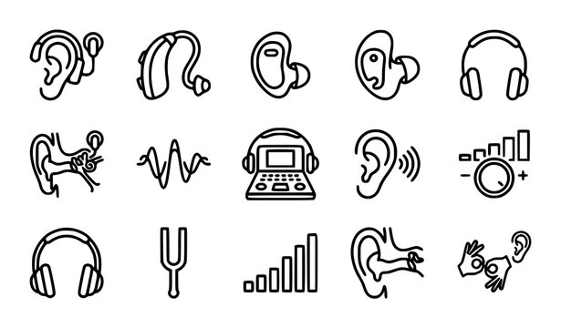 Black and White Cochlear Implant and Hearing Aid Icon Set Vector Collection for Audiology and Healthcare Design