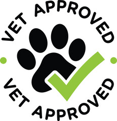 Vet approved stamp with paw print and green checkmark for pet care and veterinary services © LoveU
