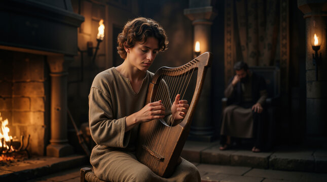 Young David playing the harp for King Saul in a dimly lit stone room. Biblical narrative of the Old Testament. Ancient musician with a wooden lyre sitting by a fire