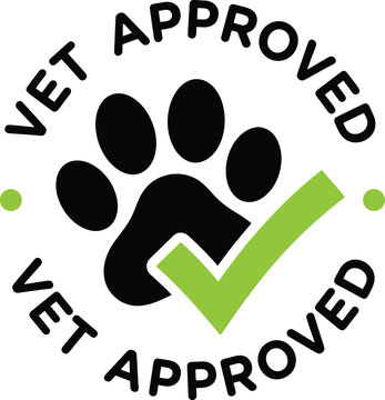 Vet approved stamp with paw print and green checkmark for pet care and veterinary services