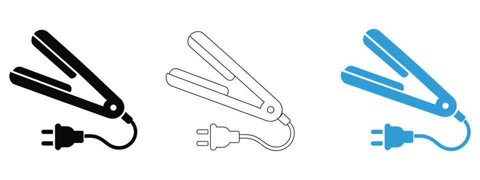 Hair straightener with plug icon, minimalist vector clipart collection of plugged hair straighteners in outline, solid glyph, and linear styles for beauty industry design, hair care product catalogs, 