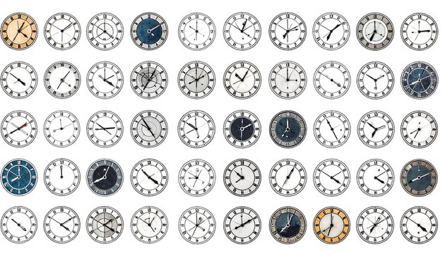 Collection of clock faces, each displaying a different time, creating a grid pattern on a white background