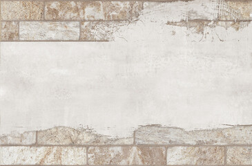 Abstract rustic ceramic tile texture with layered stone rectangles and earthy neutral tones on distressed background. © Vidal