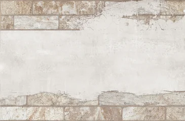 Abstract rustic ceramic tile texture with layered stone rectangles and earthy neutral tones on distressed background. © Vidal