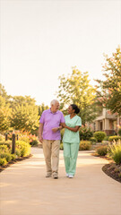 Obraz premium Elderly man walking with caregiver support outdoors in senior care community