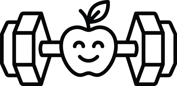 Smiling apple dumbbell icon for healthy fitness and nutrition branding