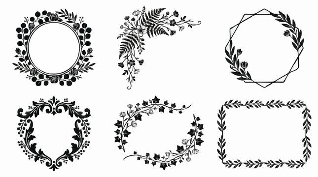Elegant floral frames, wreaths, and borders featuring roses, ferns, and ivy leaves for wedding invitations, greeting cards, and luxury branding.