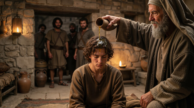Prophet Samuel anointing young David with oil. Biblical scene of ancient Israelite tradition. Historical religious illustration