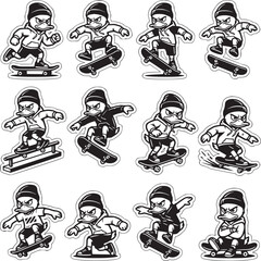 Naklejka premium Skateboarder Performing Tricks Sequence Illustration in Black and White Sketch Style
